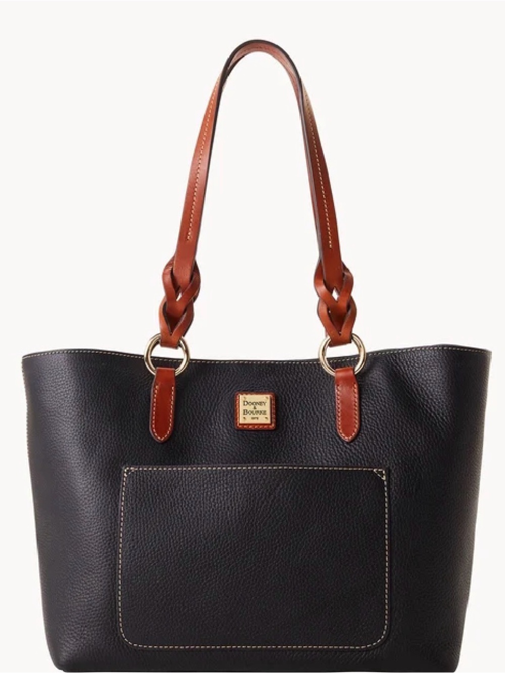 Dooney & Bourke Pebble Grain Tammy Black Tote with Brown Braided Leather Handles